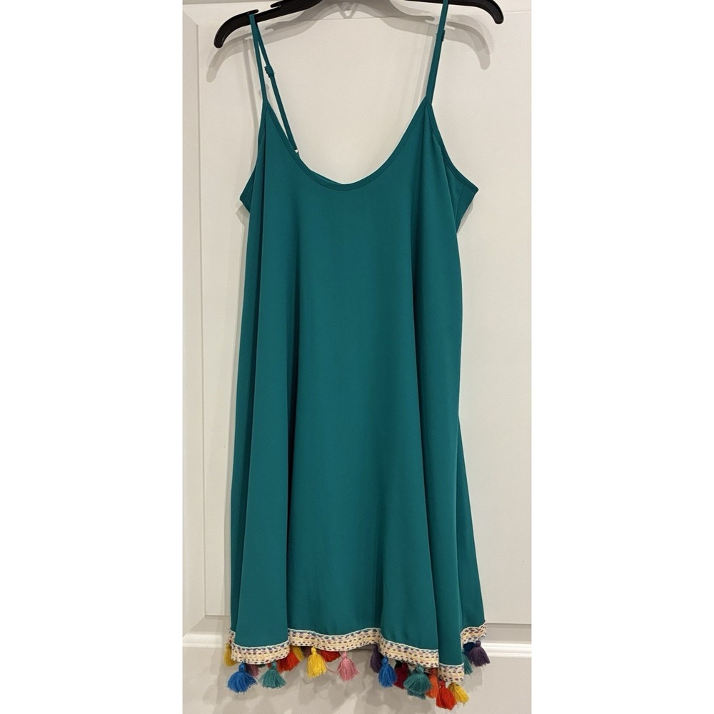 Judith March Tassel Hem Mini Dress S Green Boho Swing Sleeveless Summer‎ Resort